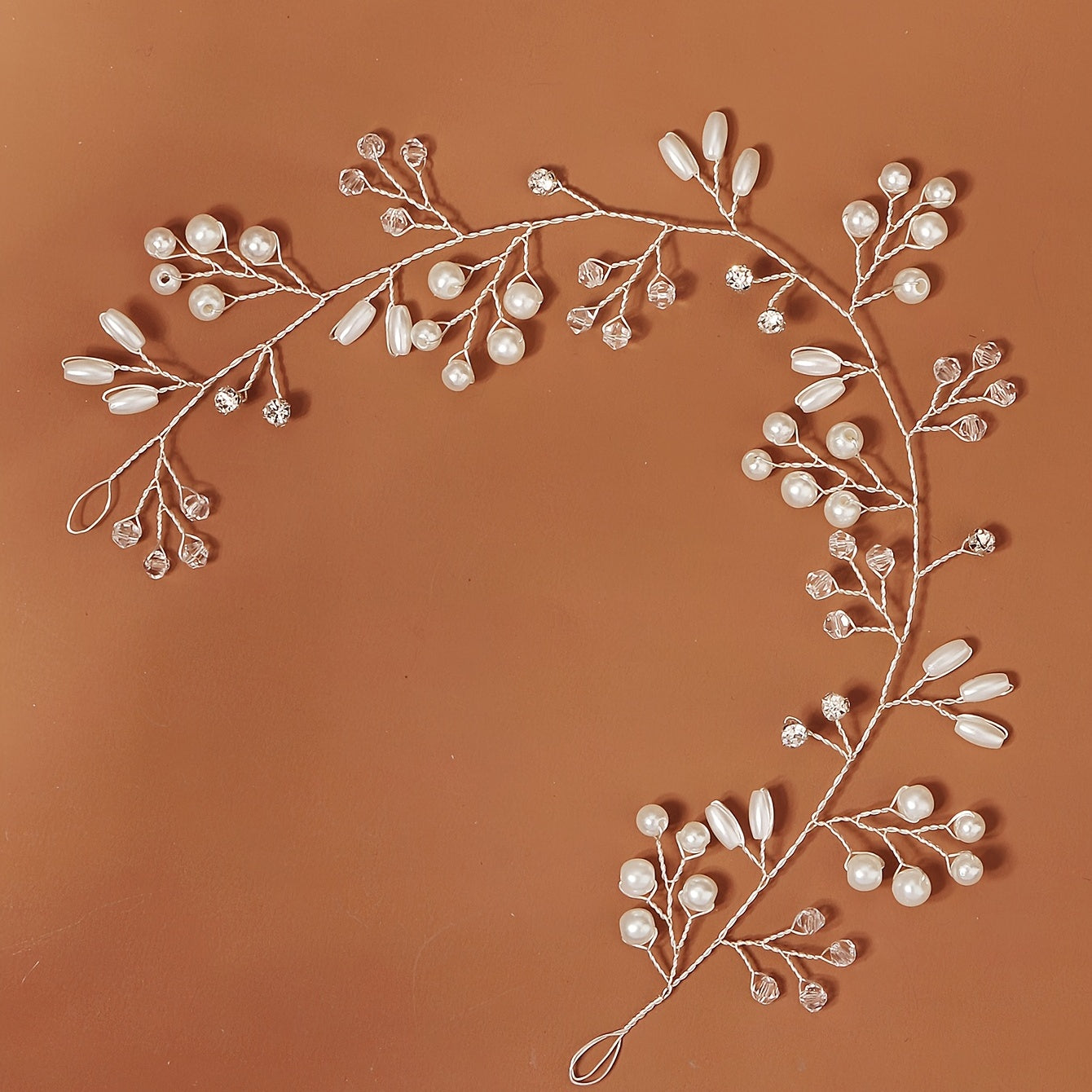 Silvery Flower & Leaf Wedding Hair Vine Pearl Headband