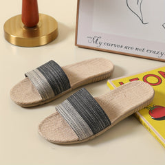 Striped Linen Slippers Open Toe Slip On Shoes for Indoor Home