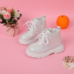 Girls Ankle High Casual Boots, Non Slip Rubber Sole, Easy Zip Up, Moire Pattern