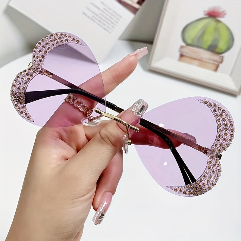 Girl's Love Shape Rimless Sunglasses with Rhinestone Y2K Ocean Lens