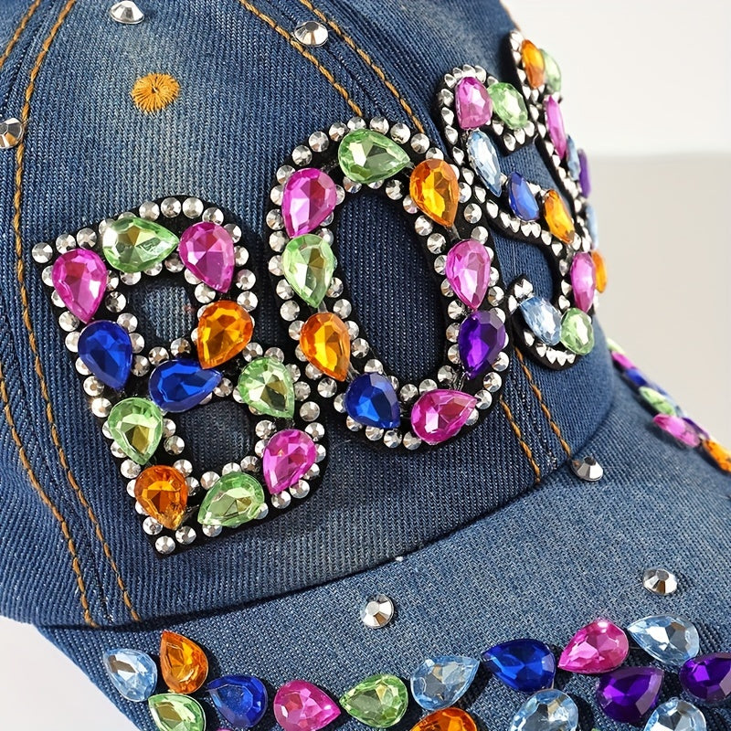 Rhinestone Denim Baseball Cap Distressed Dad Hat Y2K Sun Hat
