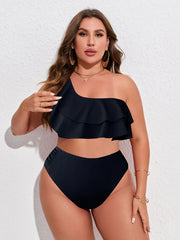One Shoulder Ruffle Trim Bikini Set