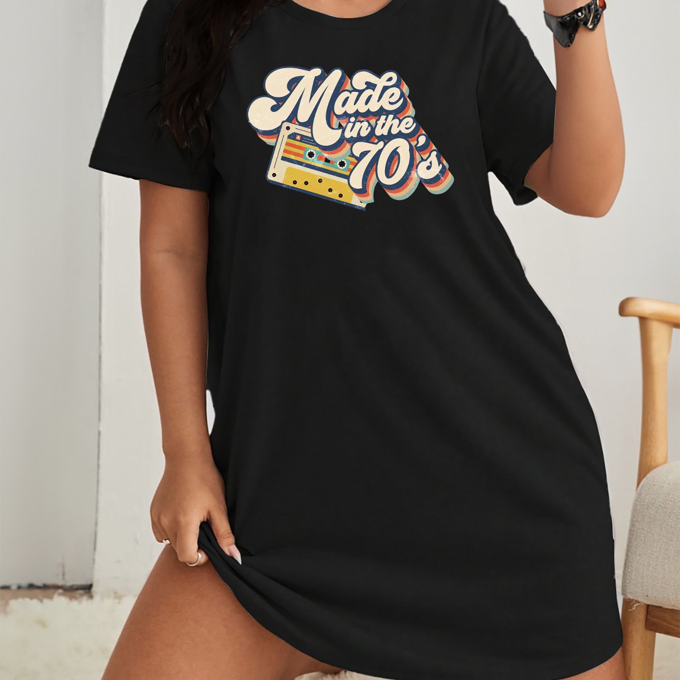'70s' Letter Print Round Neck Sleep Dress