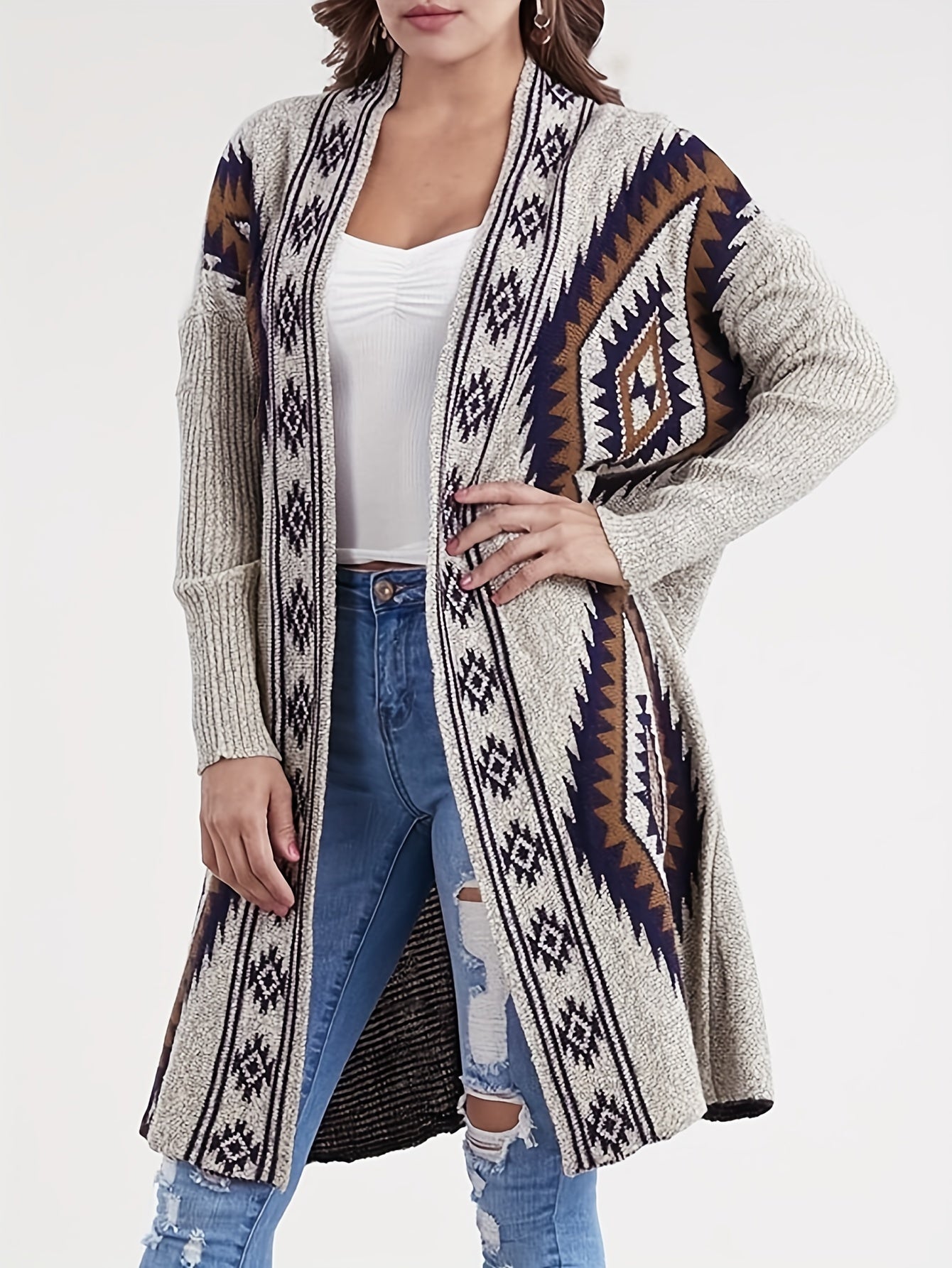 Women's Plus Geometric Print Long Sleeve Cardigan
