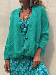 Solid Button Up Pocket Cardigan Deep V Neck Long Sleeve for Women
