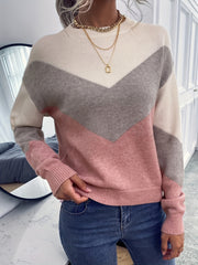 Block Crew Neck Sweater Long Sleeve Casual Fall Winter Women's