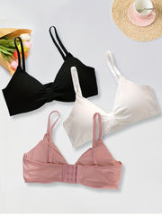 3pcs Girls Cami Bras Solid Threaded Bow Decor Comfortable Undershirt