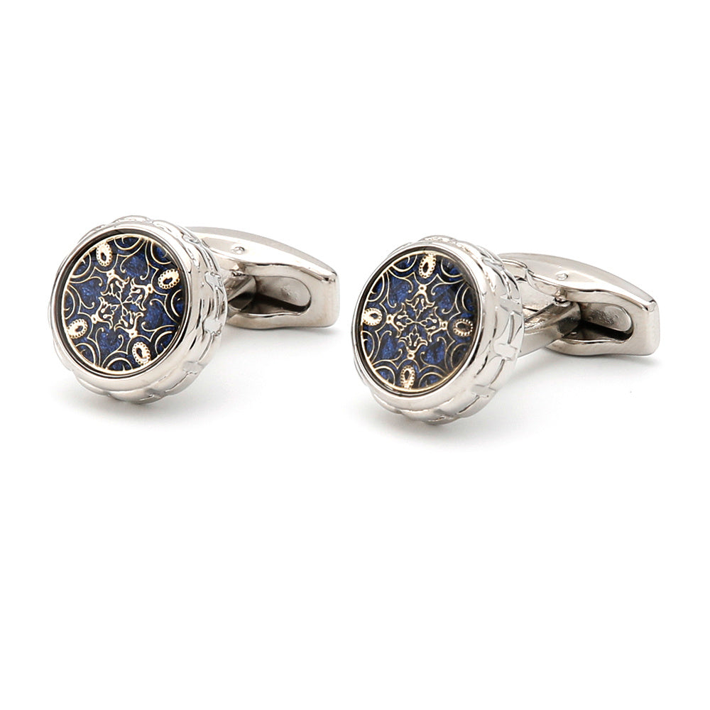 French Vintage Silver Men's Cufflinks, Round Pattern