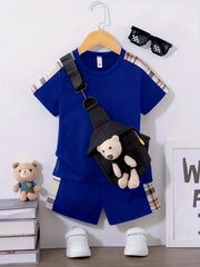 Boys Plaid Print T-shirt Top & Shorts & Bear Bag 3pcs Set