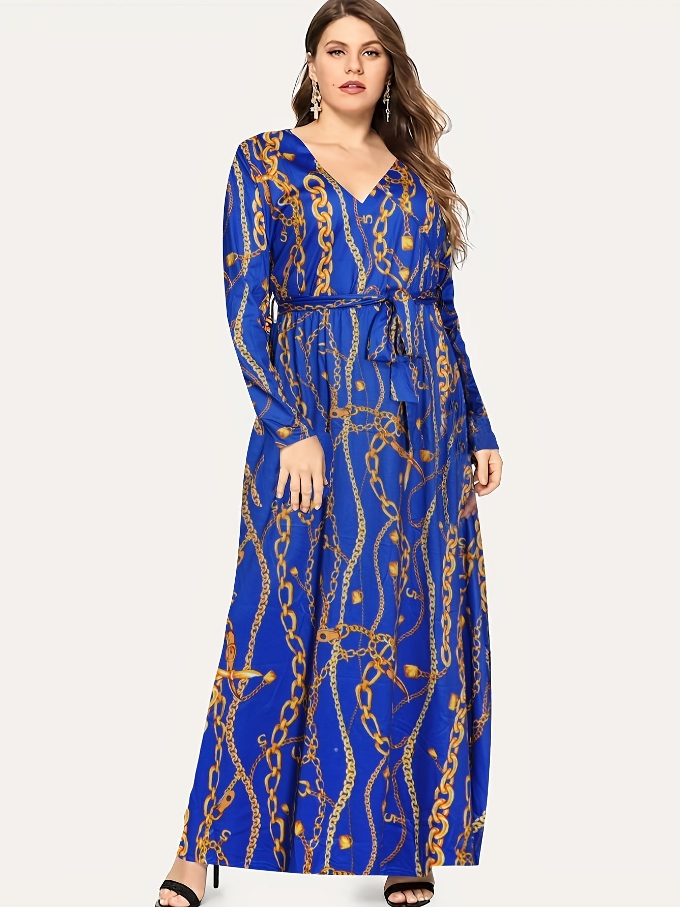 Women's Plus Chain Print Long Sleeve V Neck Maxi Dress