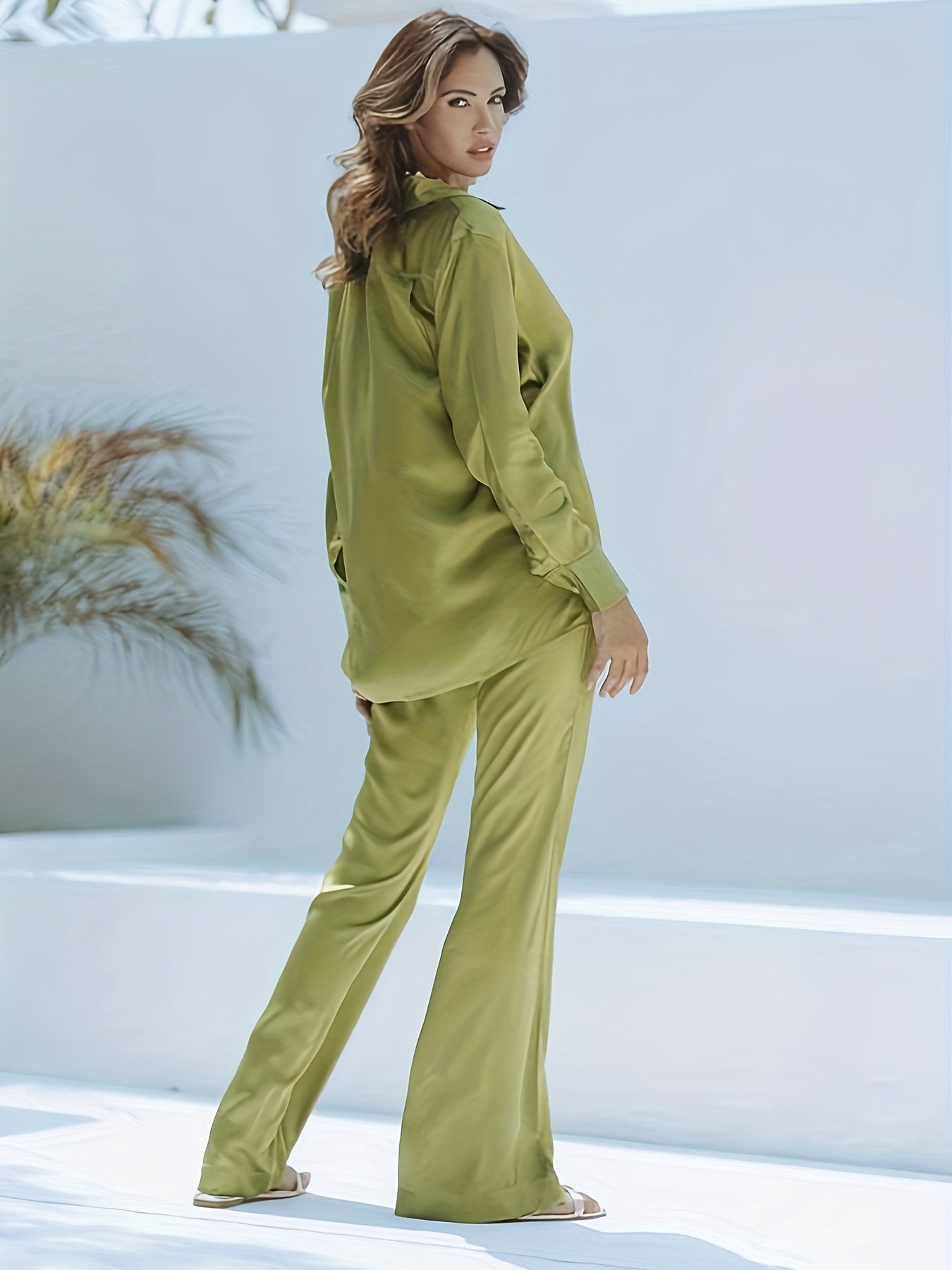 Solid Long Sleeve Button Up Shirt & Flared Leg Pants Set