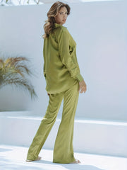 Solid Long Sleeve Button Up Shirt & Flared Leg Pants Set