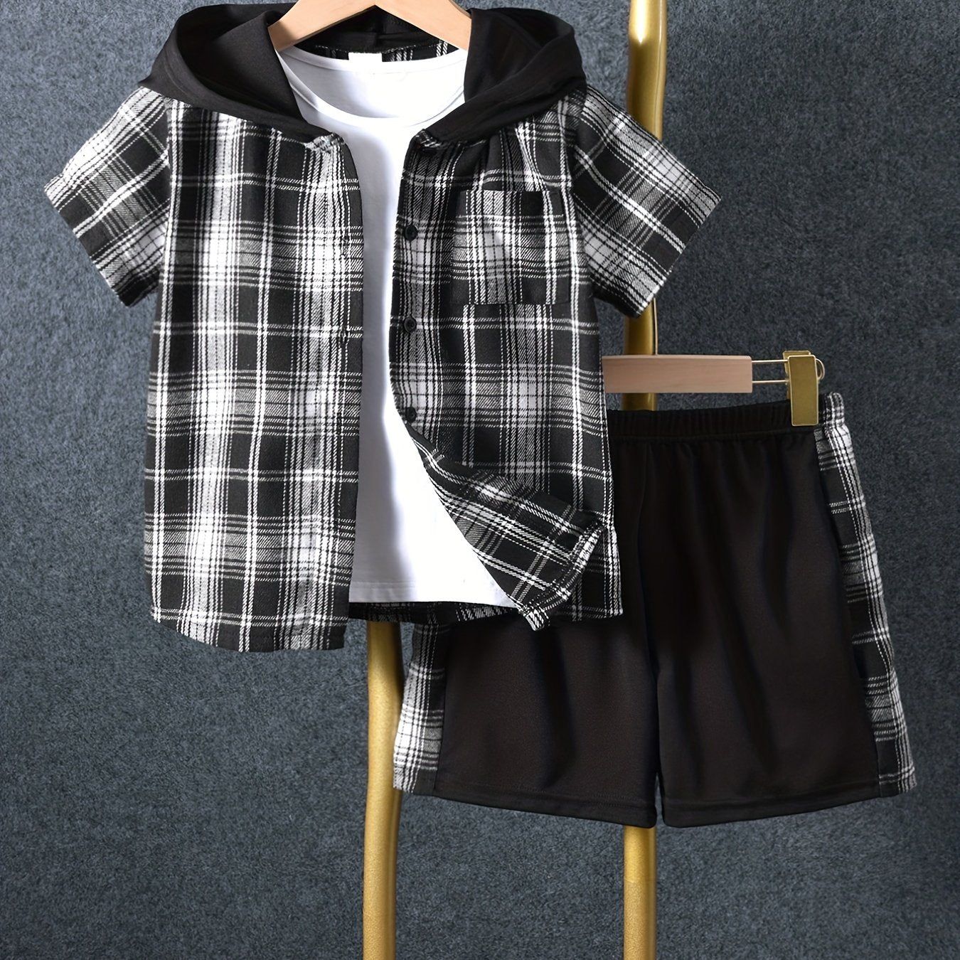 2pcs Baby Boys Plaid Short Sleeve Hooded Shirt & Shorts Set