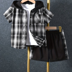 2pcs Baby Boys Plaid Short Sleeve Hooded Shirt & Shorts Set