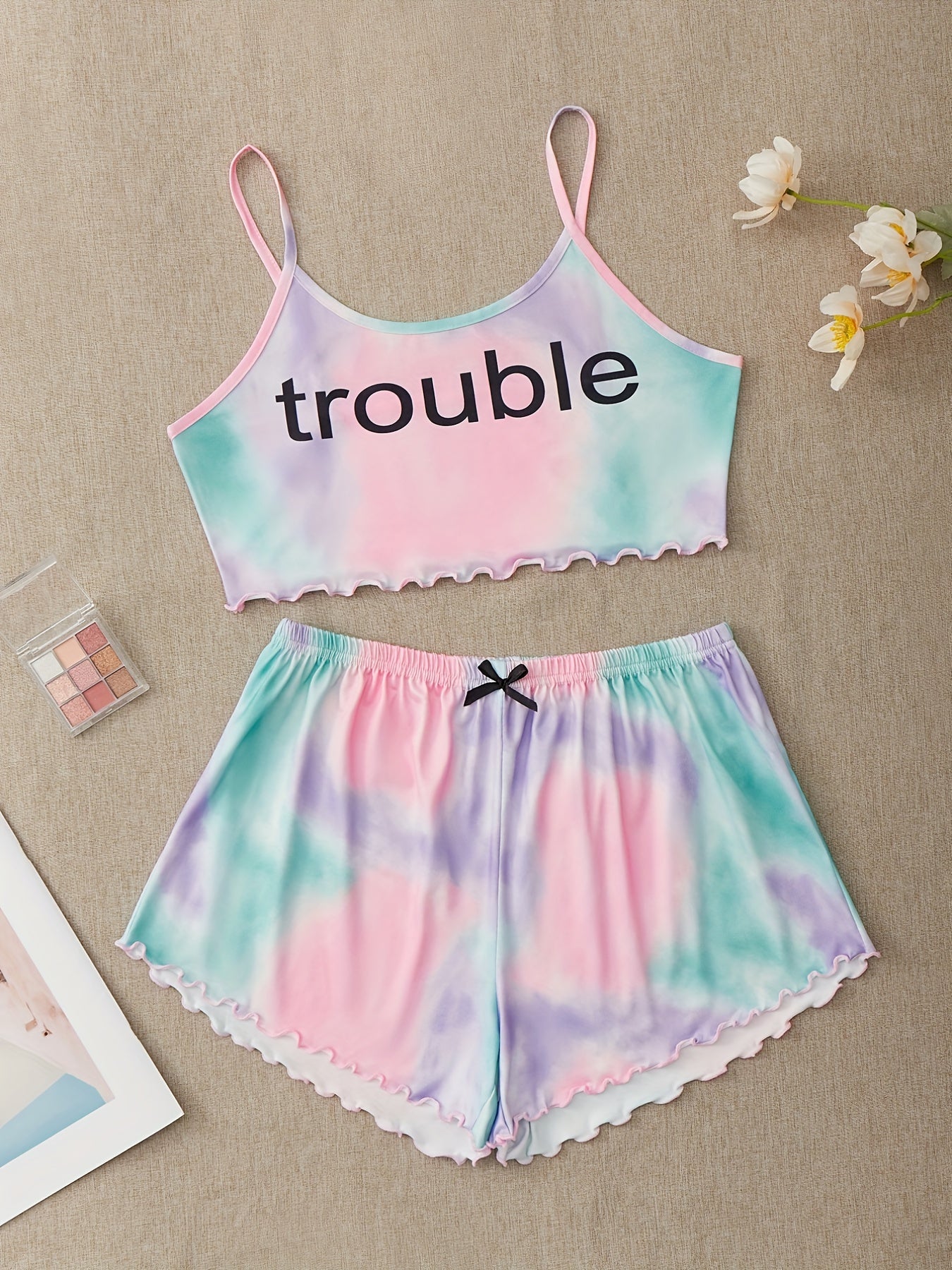 Tie Dye Print Pajamas Set Soft Cami Top & Elastic Waistband Shorts