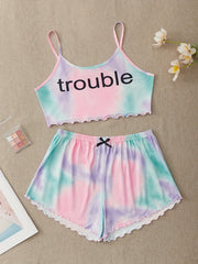 Tie Dye Print Pajamas Set Soft Cami Top & Elastic Waistband Shorts