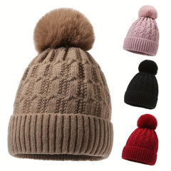 Winter Thickened Knitted Hat With Pom