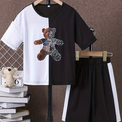 Boys Bear Print Casual Outfit Round Neck T shirt & Shorts Set