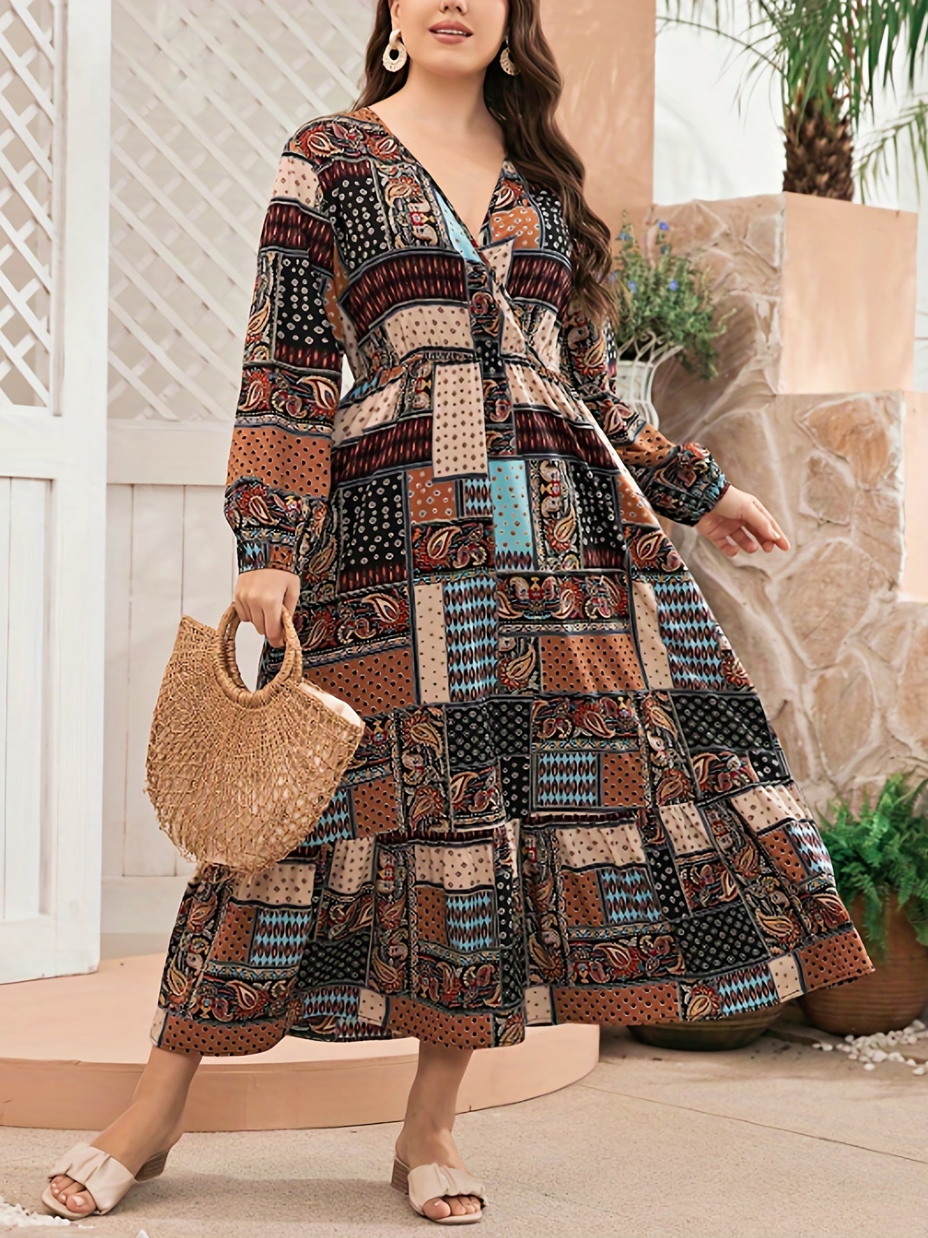 Boho Abaya Dress Paisley & Scarf Print Smock Maxi Jalabiya
