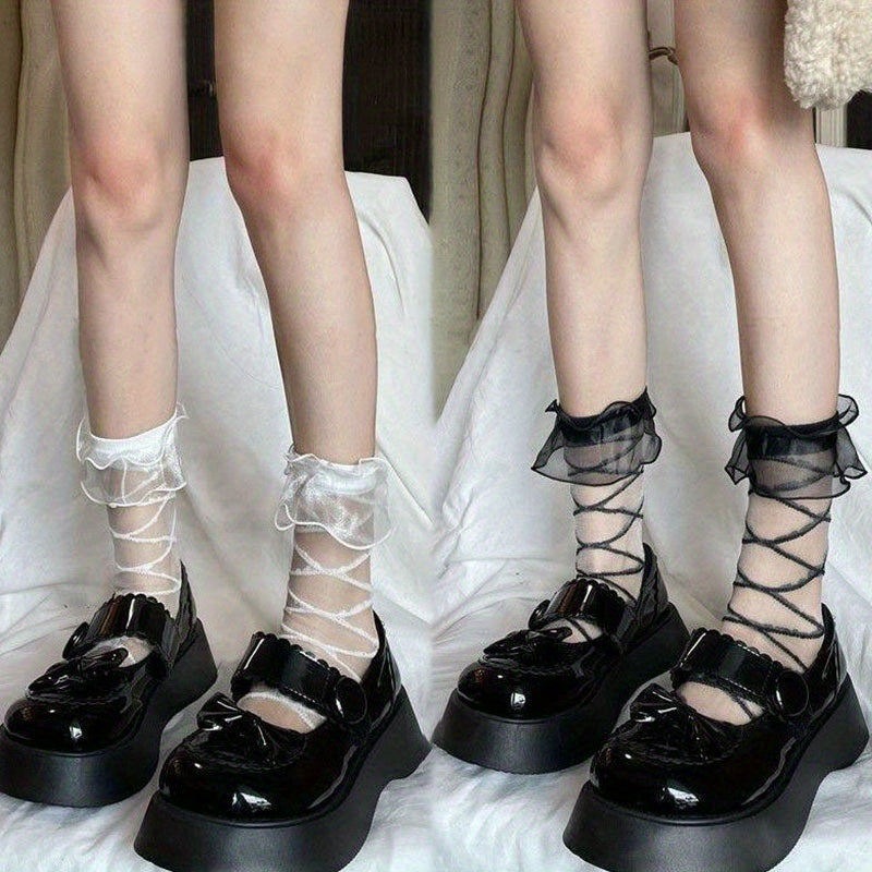 2 Pairs Lace Ruffle Socks Criss Cross Pattern Sheer Mid Tube Stockings