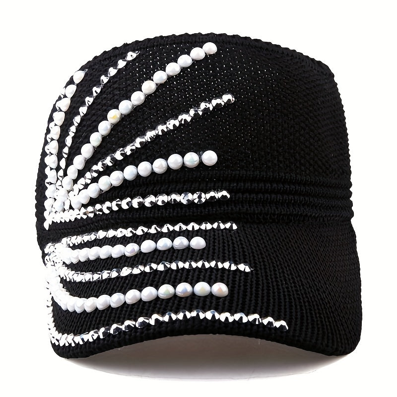 Rhinestone Faux Pearl Summer Visor Solid Sun Hat