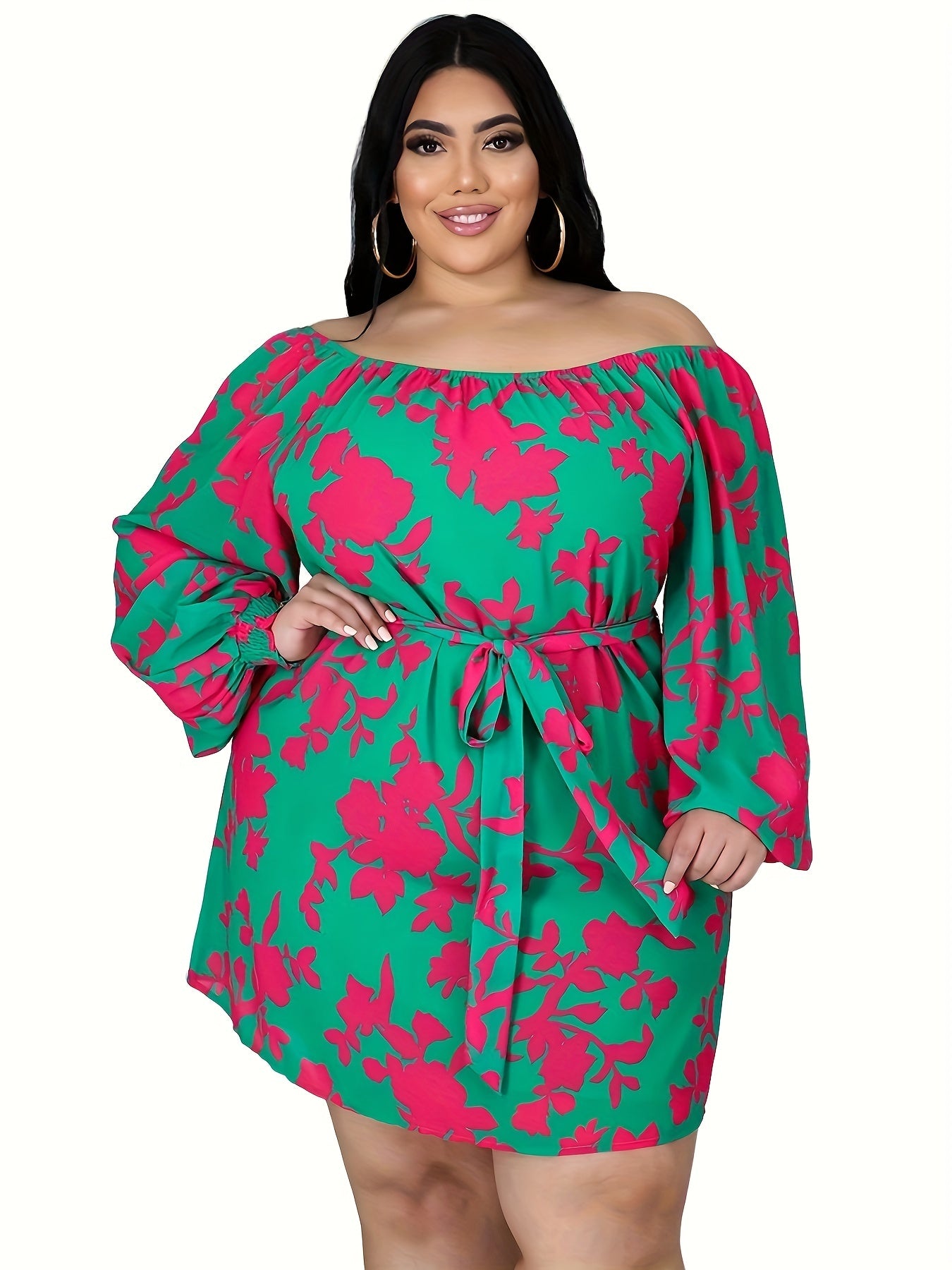Casual Dress Women's Plus Floral Print Off Shoulder Mini Dress