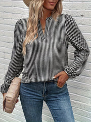 Plaid Print Lantern Sleeve V Neck Shirt Top