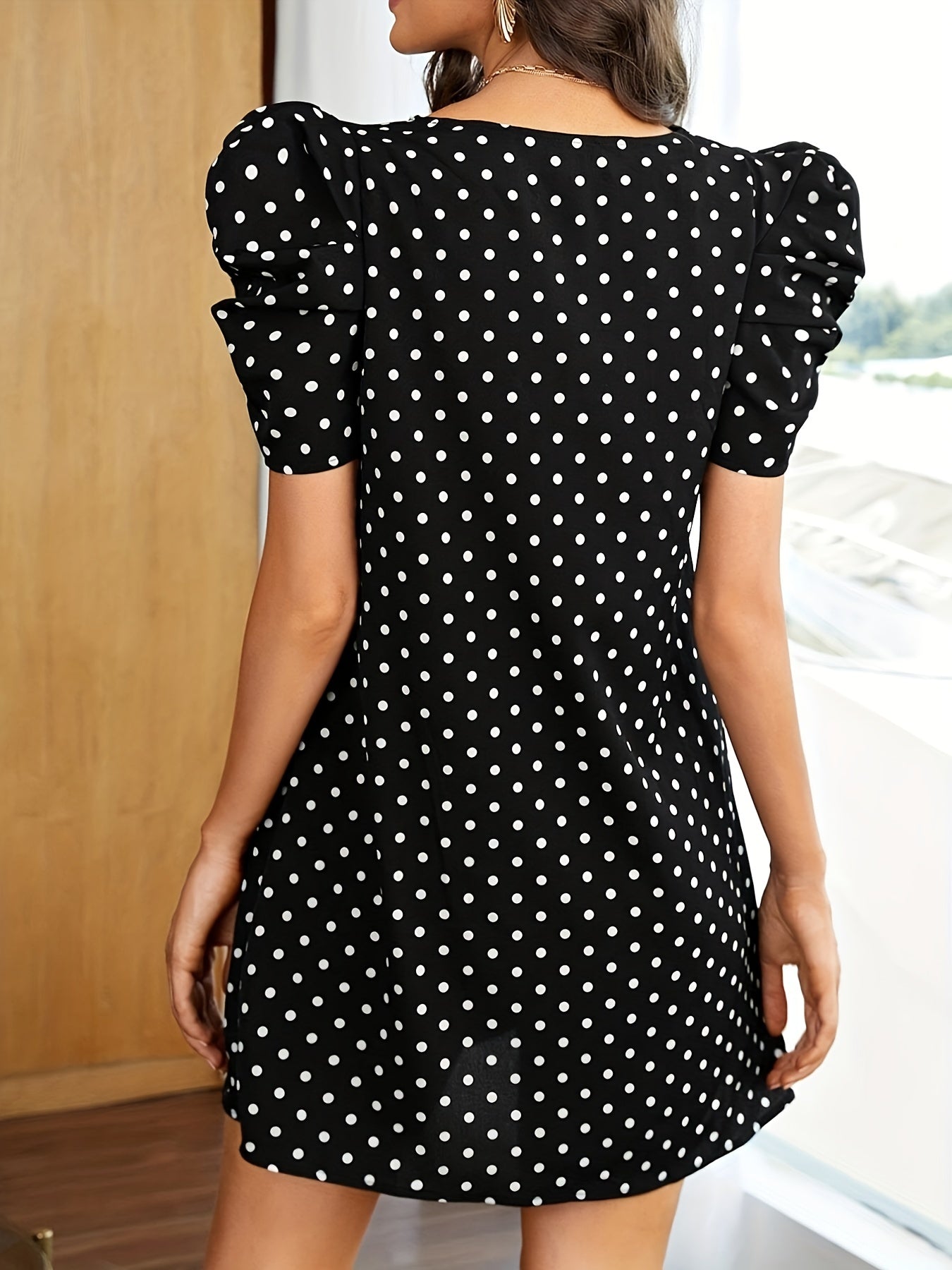 Pin Dot Scallop Trim Puff Sleeve Dress