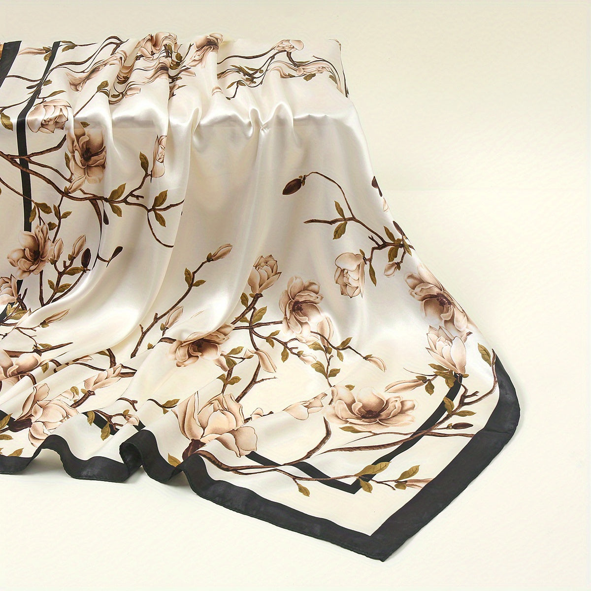 Magnolia Print Square Scarf Vintage Silky Bandana Woman Neckerchief