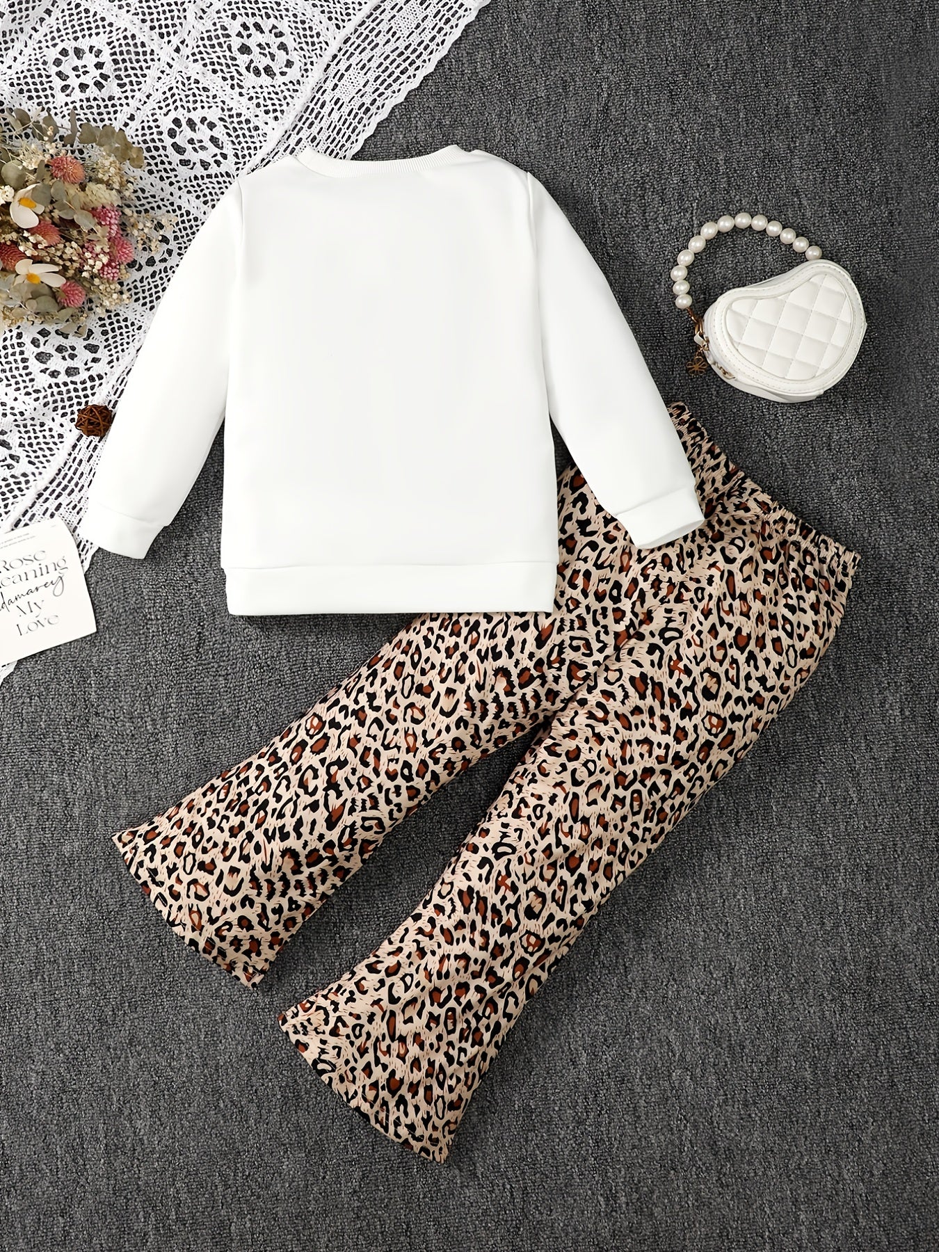 Girl's Leopard Outfit Sweatshirt & Flared Pants Set for Spring Fall