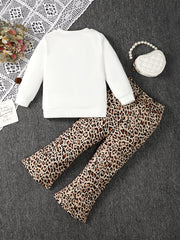 Girl's Leopard Outfit Sweatshirt & Flared Pants Set for Spring Fall