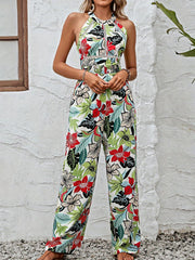 Tropical Print Backless Jumpsuit Sleeveless Wide Leg Women's Clothing