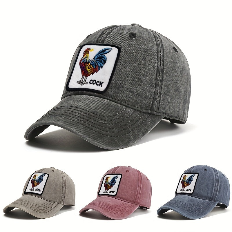 Vintage Washed Distressed Cotton Sun Hat with Cock Embroidery Patch Baseball Cap