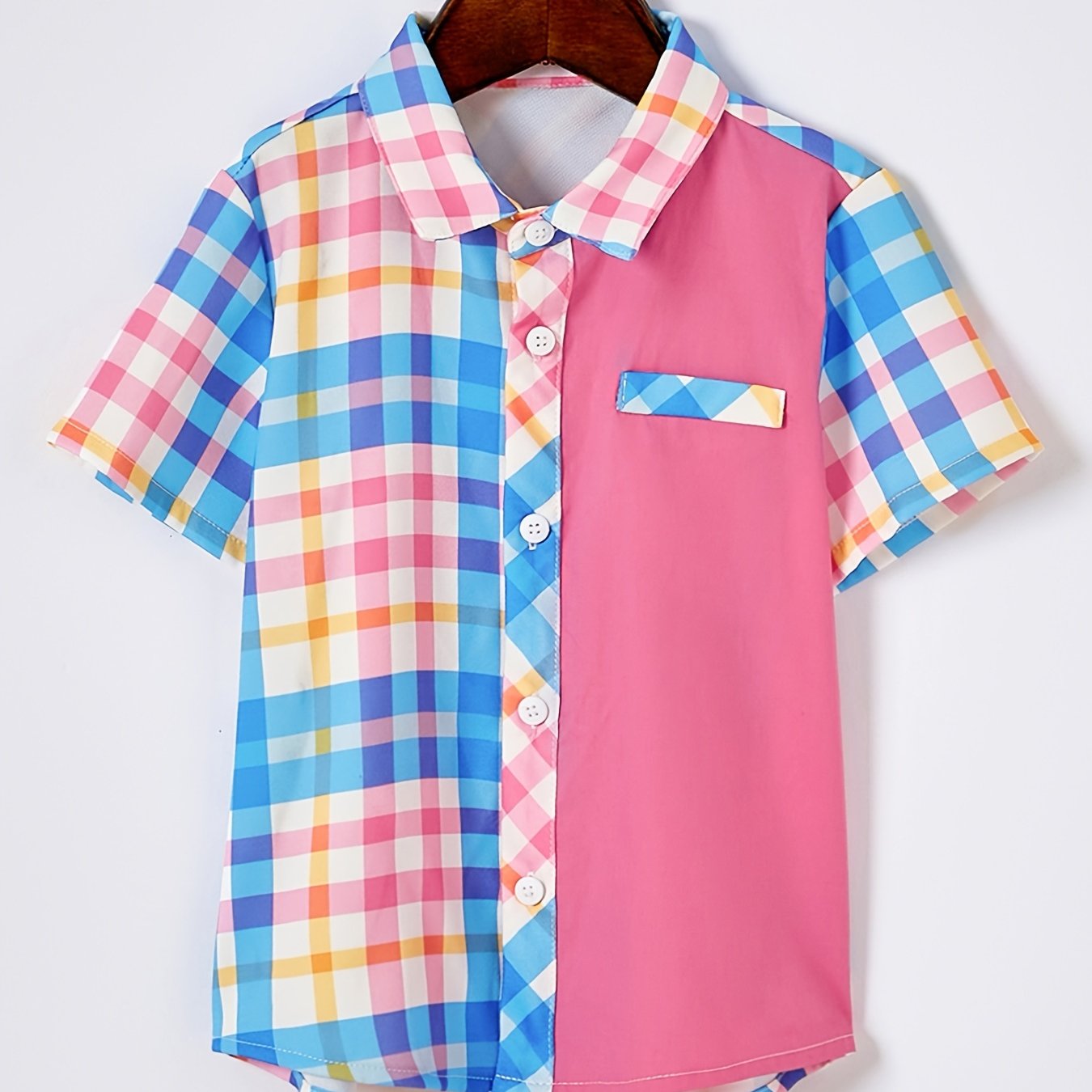 Boys Plaid Lapel Shirt Short Sleeve Button Up Top