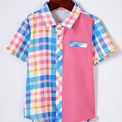 Boys Plaid Lapel Shirt Short Sleeve Button Up Top