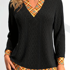 Colorblock Plaid Print Cable Long Sleeve V Neck Sweater