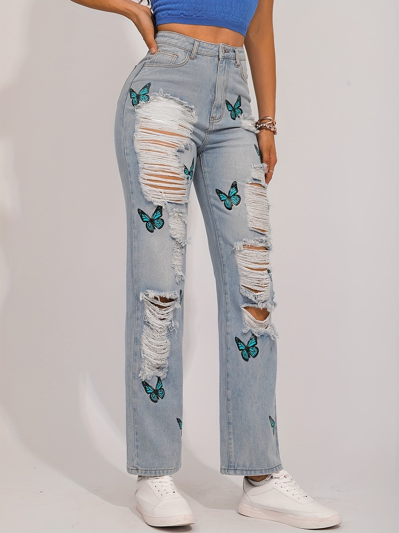 Y2K Butterfly Print Ripped Straight Jeans Vintage Distressed Denim Pants