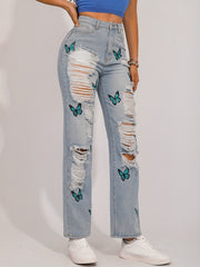Y2K Butterfly Print Ripped Straight Jeans Vintage Distressed Denim Pants
