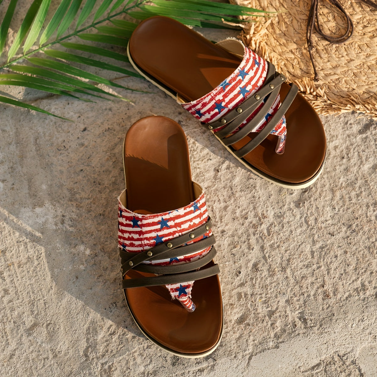 Patriotic Flip Flops Women Star & Stripe Rivet Detail Flat Slippers