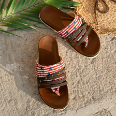 Patriotic Flip Flops Women Star & Stripe Rivet Detail Flat Slippers