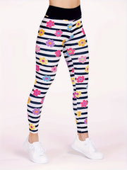 Stripe & Floral Print High Rise Skinny Leggings
