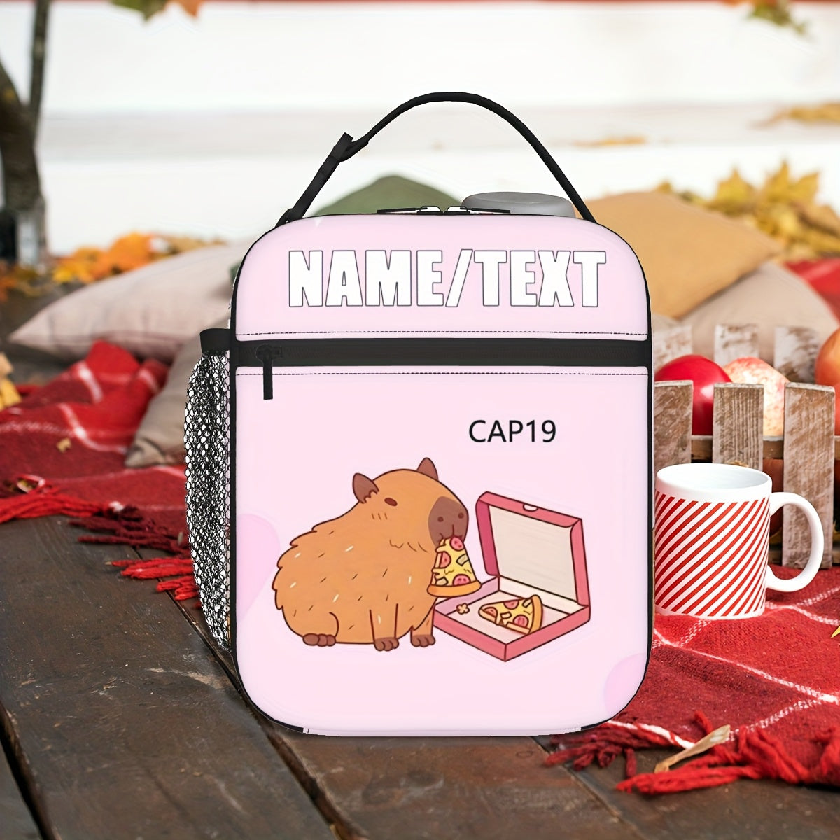 Personalized Capybara & Pizza Lunch Bag with Custom Text