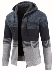 Knitted Stripes Fleece Hooded Cardigan Men's Zip Up Coat