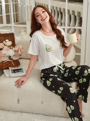 Avocado Print Pajama Set Short Sleeve Top & Pants Women's Sleepwear