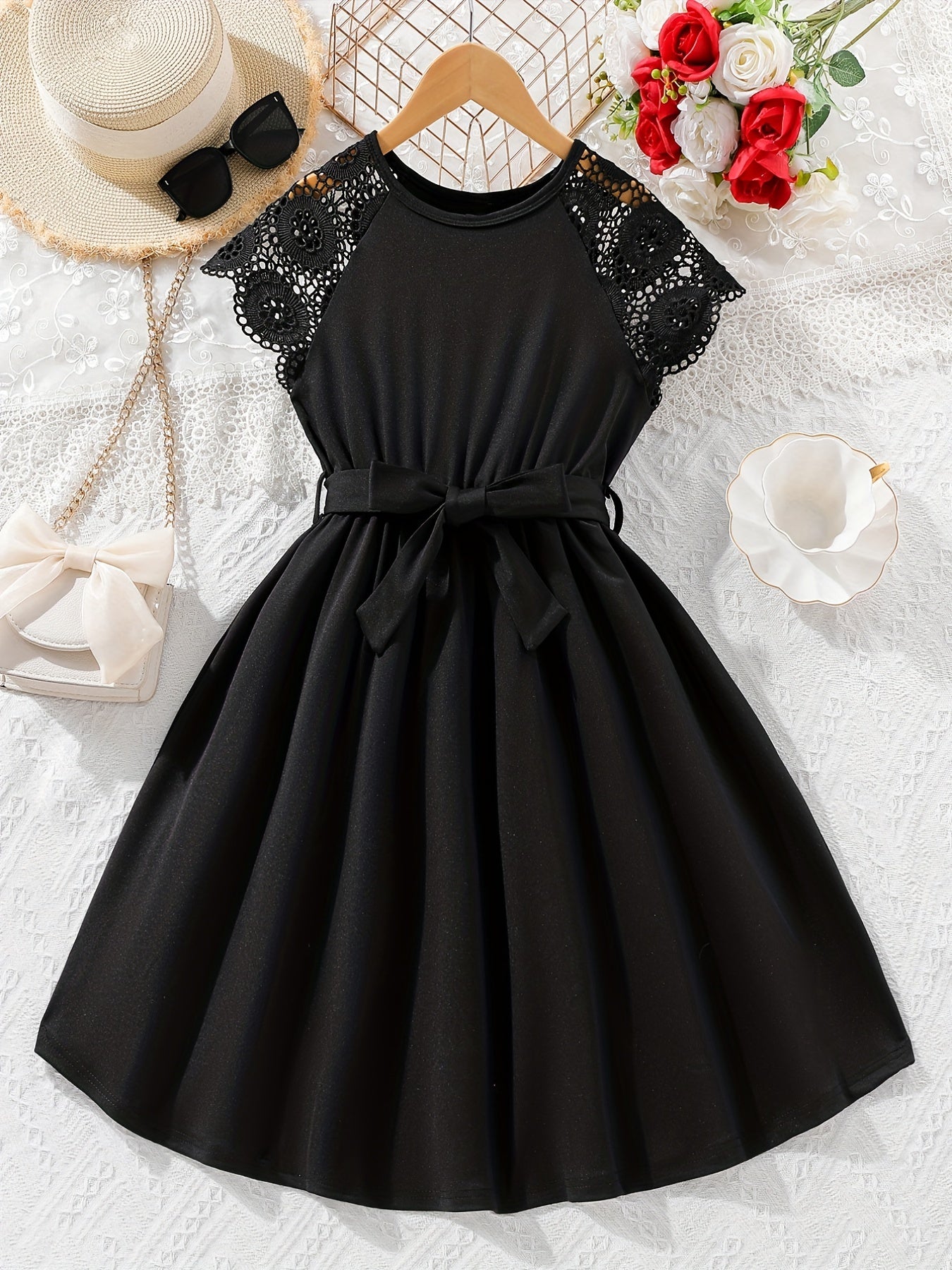 Girls' Lace Shoulder Short Sleeve Tunic Dress - Party Holiday Outing
