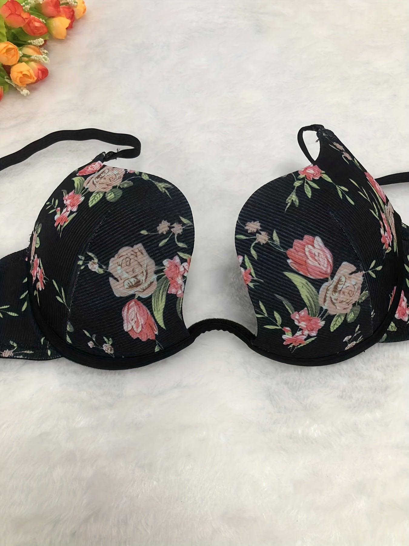 Floral Print Scoop Bra Comfy Push-Up Lingerie