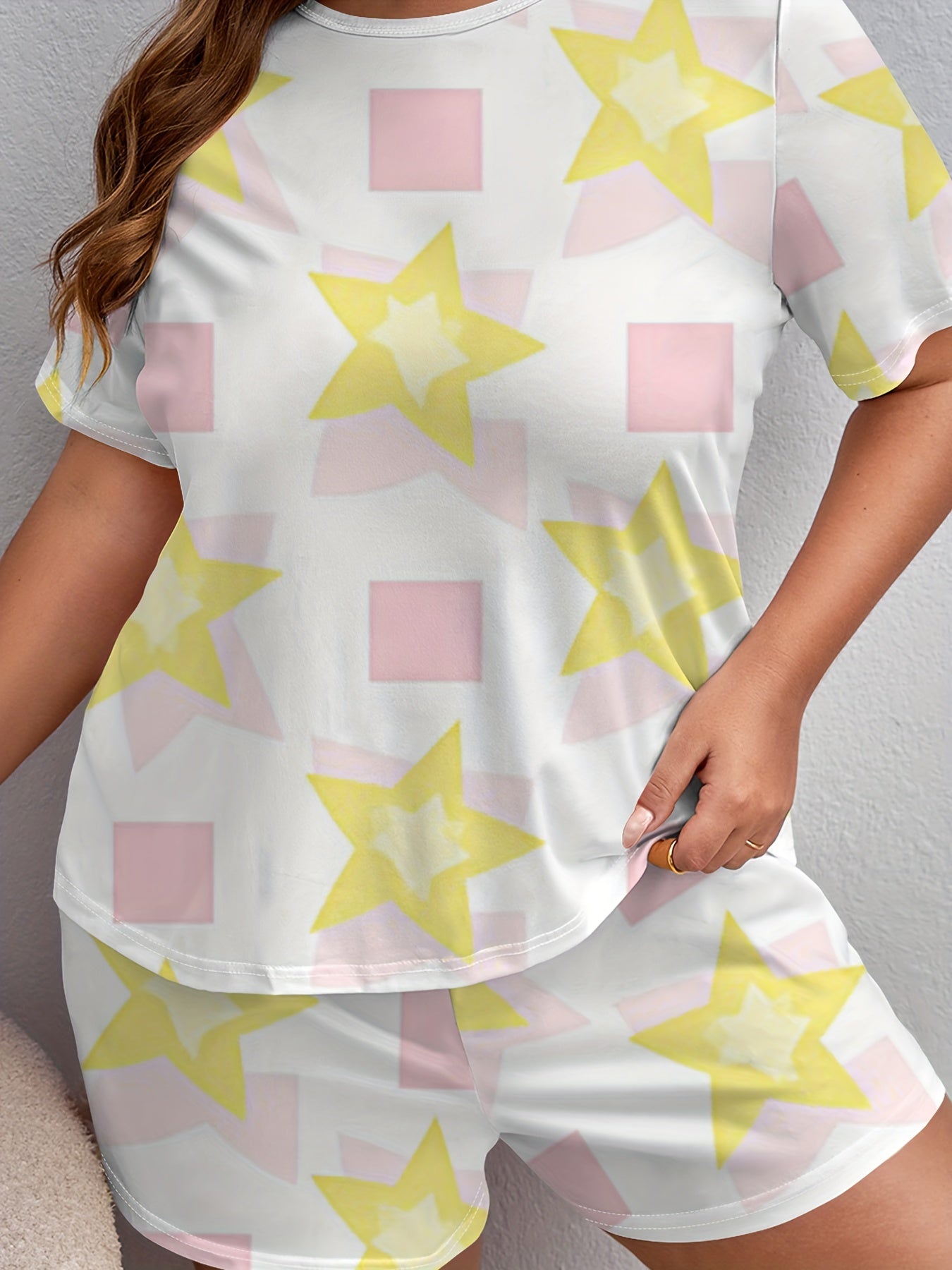 Star & Geo Print Pajama Set Short Sleeve Tee & Shorts