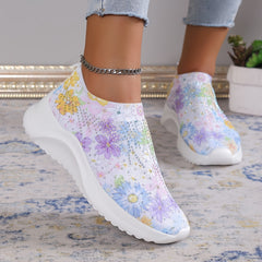 Women's Floral Sock Shoes Rhinestone Decor Slip On Sneakers