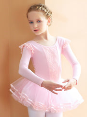 Cotton Girls Flutter Trim Long Sleeve Ballet Leotard Dress