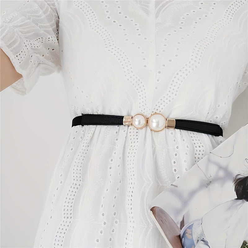 Faux Pearl Button Skirt Belt Elastic Waistband